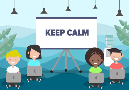 Keep calm in office concept. Millennial's at work.Young characters sitting with laptops.Flat cartoon designのイラスト素材