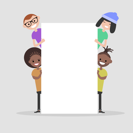 Young characters with white banner,Copy space.Mock up.Flat cartoon designのイラスト素材