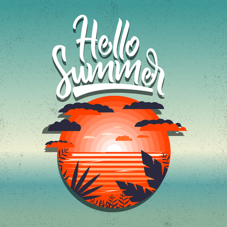 Hello summer banner.Hot tropical landscape icon.Gradient sea backgroundのイラスト素材