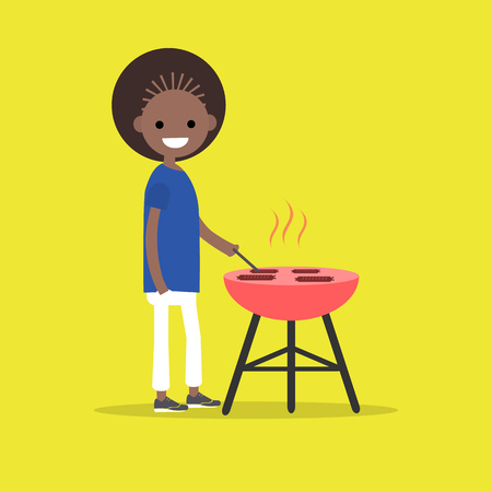 Young character cooking BBQ sausages. Barbecue. Flat cartoon design.clip artのイラスト素材