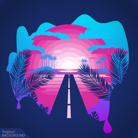 Purple tropical background.Road to the island.Negative space illustrationのイラスト素材