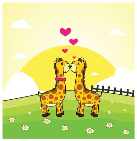 giraffe romantic couple with grass land backgroundのイラスト素材