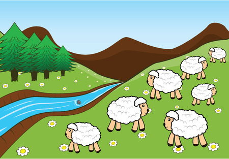 sheep group at riverのイラスト素材