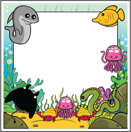 shark, butterflyfish, jellyfish, electric eel, manta ray, sea snail frame with underwaterのイラスト素材