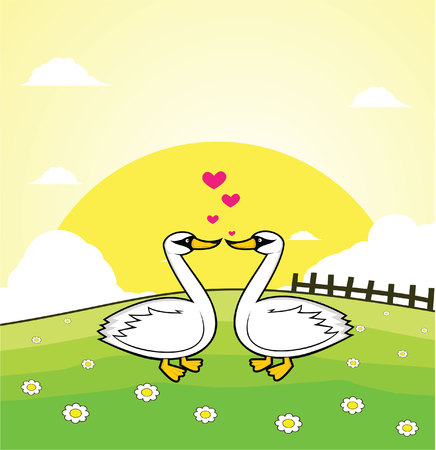 swan romantic couple with grass land backgroundのイラスト素材