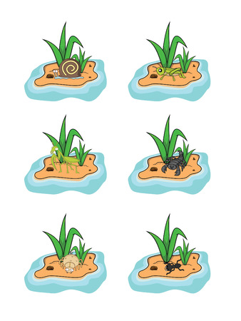 insect set snails, grasshopper, mantises, scorpion, spider, ant grass land backgroundのイラスト素材