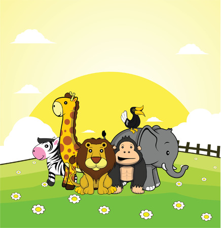wild animal zebra, giraffe, lion, gorilla, elephan, horn bill with grass land backgroundのイラスト素材