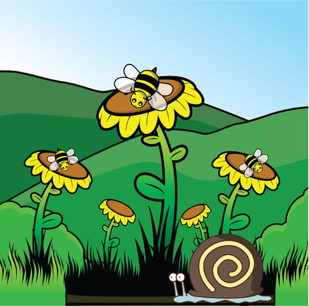 scenery with bee and sun flowerのイラスト素材