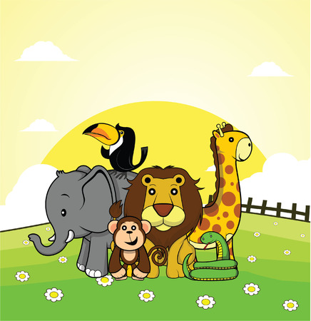wild animal elephant,monkey,lion,giraffe,snake,toucan with grass land backgroundのイラスト素材