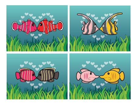 clown fish, moorish idol, angel fish, butterfly fish romantic couple with underwater sceneryのイラスト素材