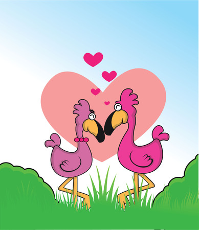 flamingo romantic couple with grass land backgroundのイラスト素材