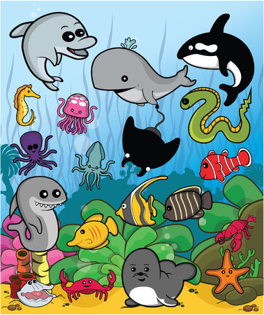 marine animal set with underwater sceneryのイラスト素材
