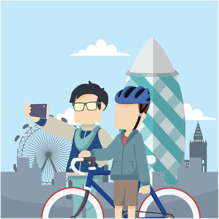 two man selfie infront towerのイラスト素材