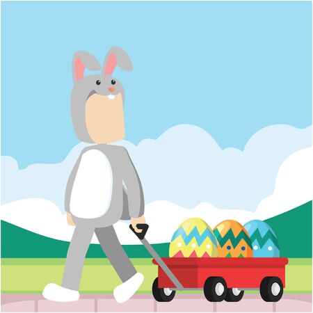 bunny guy pulling cart full of easter eggのイラスト素材