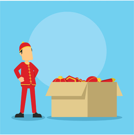 chinese man and big box full of chinese stuffのイラスト素材