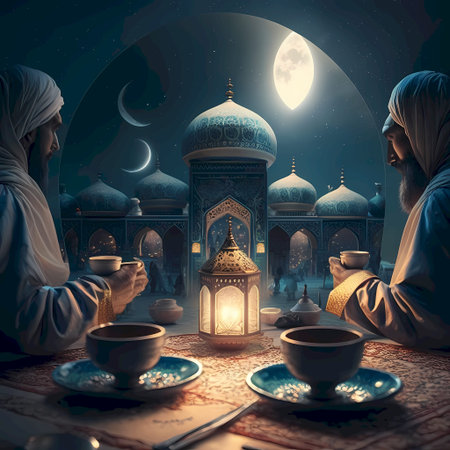 Muslim men drinking tea in the mosque at night. Ramadan Kareem backgroundの素材