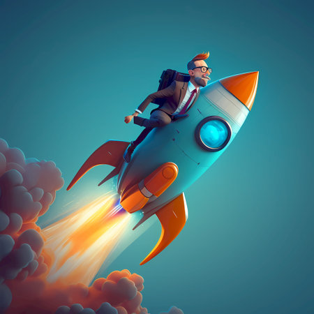 Businessman flying on a rocket. Success concept. 3d renderingの素材
