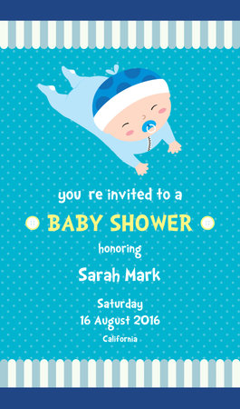 Boy Baby Shower Invitation Card With A Cute Baby Boy Cartoon With Blue Backgroundのイラスト素材