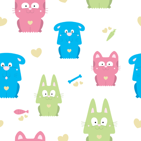 Seamless Pattern Of Cute Animals Cartoon With Blue, Pink, Green And Yellow Background Elementsのイラスト素材