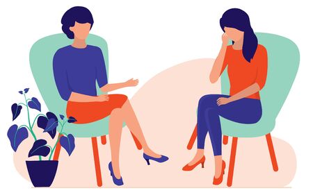 Woman Talking To A Psychotherapist Or Psychologist. Marriage Counseling And Stress Therapy Sessions Concept. Vector Flat Cartoon Illustration.のイラスト素材