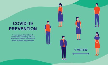 Social Distancing And Coronavirus Prevention. Group Of People, Males And Females Stay 1 Meter Away From Each Others. COVID-19 Coronavirus Outbreak Prevention Concept.のイラスト素材