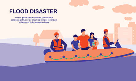 Flood Rescue Teams Helping Family And Children Out Of Floods. Flood And Natural Disaster Concept. Vector Flat Cartoon Illustration.のイラスト素材