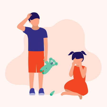 Sibling Fight. Parenting, Education And Social Issues Concept. Vector Flat Cartoon Illustration.のイラスト素材