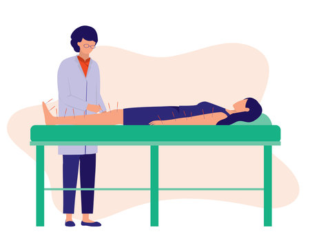 Acupuncture Therapy Woman. Alternative Medicine Concept. Vector Illustration Flat Cartoon.â¨â¨â¨ An Old Chinese Acupuncturist Inserting Acupuncture Needles Into The Woman's Skin On Her Arm And Leg.のイラスト素材