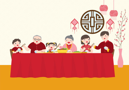 Cute Chinese Family Enjoying Chinese New Year Reunion Dinner. Celebration And Festival Concept. Vector Illustration Flat Cartoon.â¨â¨â¨ 3 Generations Of Family Eating Meal Together.のイラスト素材