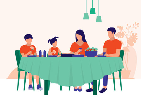 Family Having Dinner Together At Home. Family Relationships Concept. Vector Flat Cartoon Illustration. Family Having Meal Together At Home.のイラスト素材