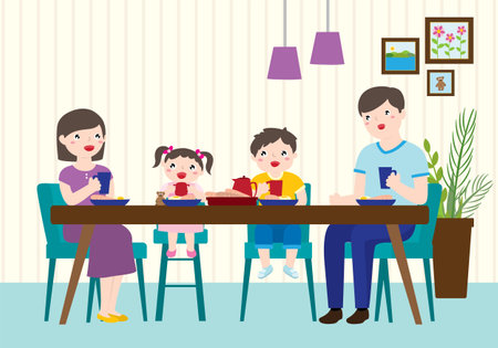 Cute Family Having Dinner Together At Home. Family Relationships Concept. Vector Flat Cartoon Illustration. Family Eating Meal Together.のイラスト素材