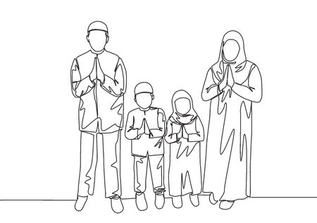Eid Mubarak greeting card, poster and banner design background. Single continuous line drawing of muslim Arabian family - mom, dad and two kids. Eid Al Fitr one line draw vector illustrationのイラスト素材