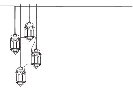 Ramadan Kareem greeting card, banner, and poster design. One single line drawing of Islamic lantern lamps ornament hanging on wire with white background. Continuous line draw vector illustrationのイラスト素材