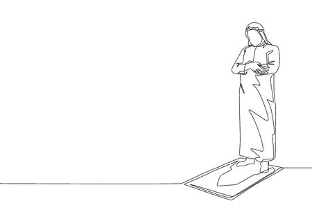 One single line drawing of young muslim person pray salat on sajadah in shmag traditional Arab cloth. Ramadan Kareem and Eid Mubarak pray concept continuous line draw design vector illustrationのイラスト素材
