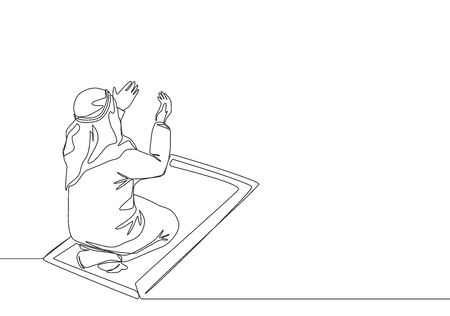 One continuous line drawing of muslim person raise and open hands praying on sajadah, from rear view. Islamic Ramadan Kareem and Eid Mubarak pray concept single line draw design vector illustrationのイラスト素材