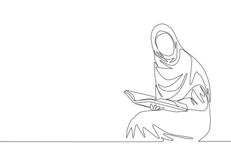 One single line drawing of young attractive muslimah with headscarf reading book at library. Beautiful Asian woman model in trendy hijab fashion concept continuous line draw design vector illustrationのイラスト素材