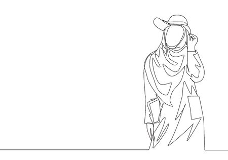 One single line drawing of young happy beauty muslimah wearing cute hat and pose nicely. Beautiful Asian woman model in trendy hijab fashion concept continuous line draw design vector illustrationのイラスト素材