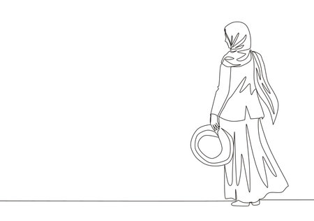 One continuous line drawing of young happy pretty muslimah on headscarf holding hat on her hand. Beautiful Asian woman model in trendy hijab fashion concept single line draw design vector illustrationのイラスト素材