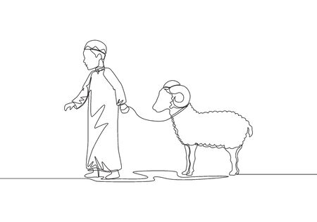 One single line drawing of young muslim boy holding sheep to masjid. Muslim holiday the sacrifice a goat or sheep, Eid al Adha greeting card concept continuous line draw design illustrationのイラスト素材