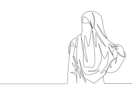 One single line drawing of young attractive Asian muslimah wearing burqa while holding her veil. Traditional beauty Arabian woman niqab cloth concept continuous line draw design illustrationのイラスト素材