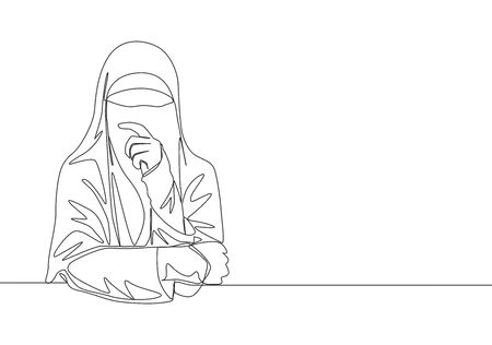 One continuous line drawing of young pretty Asian muslimah wearing burqa while touching her lips. Traditional beautiful Islamic woman niqab dress concept single line draw design illustrationのイラスト素材