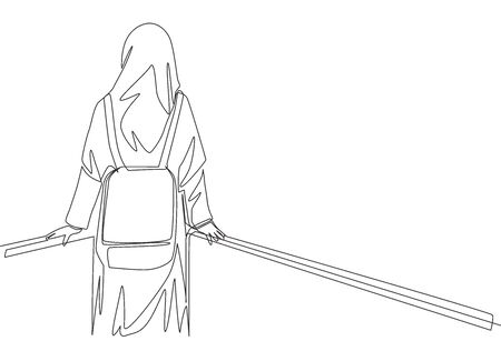One single line drawing of young beauty middle east muslimah wearing burqa and carrying bag, back view. Traditional Arabian woman niqab cloth concept continuous line draw design illustrationのイラスト素材
