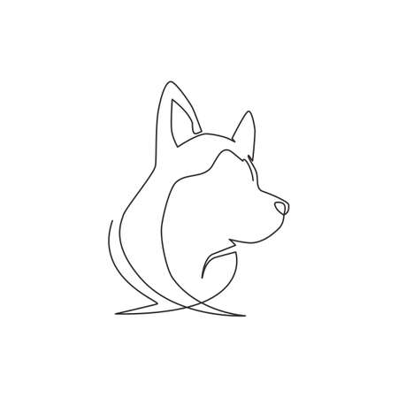 One continuous line drawing of simple cute siberian husky puppy dog head icon. Mammals animal logo emblem vector concept. Trendy single line draw design graphic illustrationのイラスト素材
