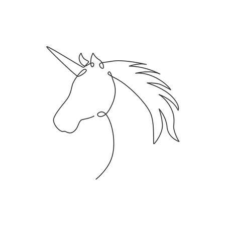 One continuous line drawing of beautiful cute unicorn head for company logo identity. Kids fantasy dream creature concept animal creature. Dynamic single line vector draw design graphic illustrationのイラスト素材