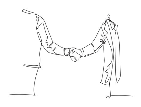 Single line drawing of businessmen in suite handshaking his business partner. Great teamwork. Business deal concept with trendy continuous line draw style graphic vector illustrationのイラスト素材