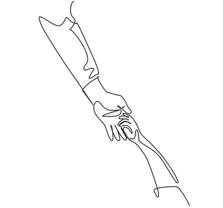 One line drawing of father giving hand to his child. Mother care in continuous line drawing design style. Parental concept vector illustrationのイラスト素材