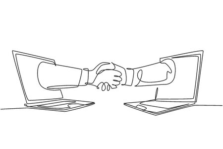 Continuous line drawing of business men shaking hand to deal a project. Hand come out from laptop screen. Digital online transaction concept. One line drawing graphic design, vector illustrationのイラスト素材