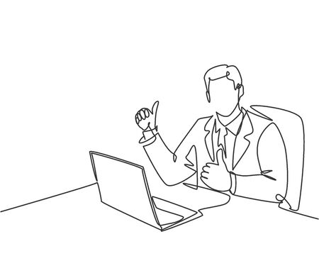 One line drawing of young business man giving thumbs up gesture and sitting on office chair and open the laptop to start working. Business management concept. Continuous line draw design vectorのイラスト素材