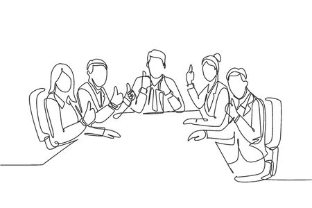 Single line drawing group of young happy businessmen and businesswomen siting on same desk together giving thumbs up gesture. Business meeting concept. Continuous line draw design vector illustrationのイラスト素材