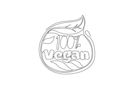 Single continuous line drawing of eco natural and organic food typography quote - 100% Vegan. Calligraphic design for print, label, card, banner, poster. One line draw design vector illustrationのイラスト素材